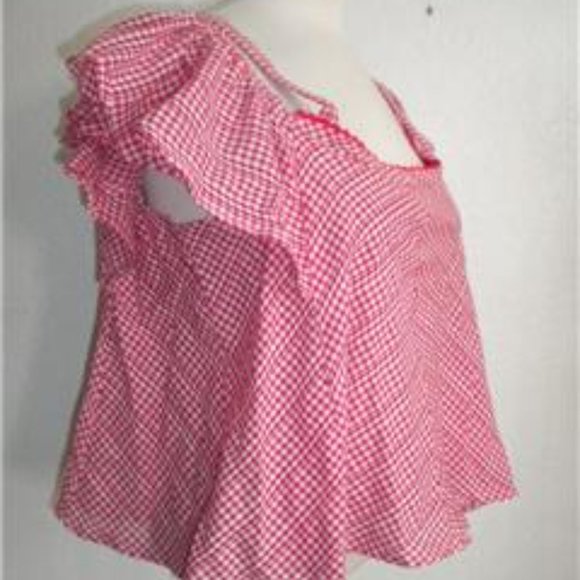 WALTER BAKER MS SIZES RED AND WHITE GINGHAM COLD SHOULDER CROP BLOUSE - Picture 3 of 7